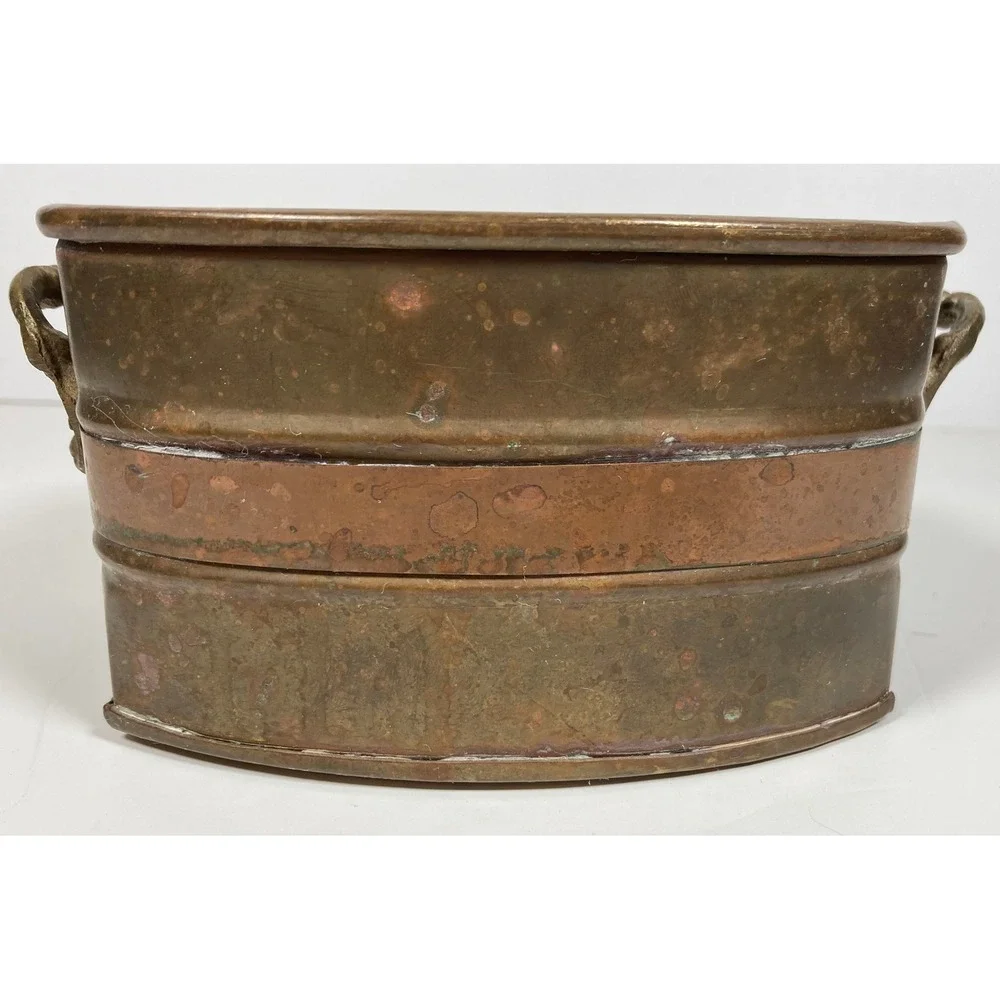 Vintage Oval Copper and Brass Planter with Handles Rustic Patina Farmhouse Decor